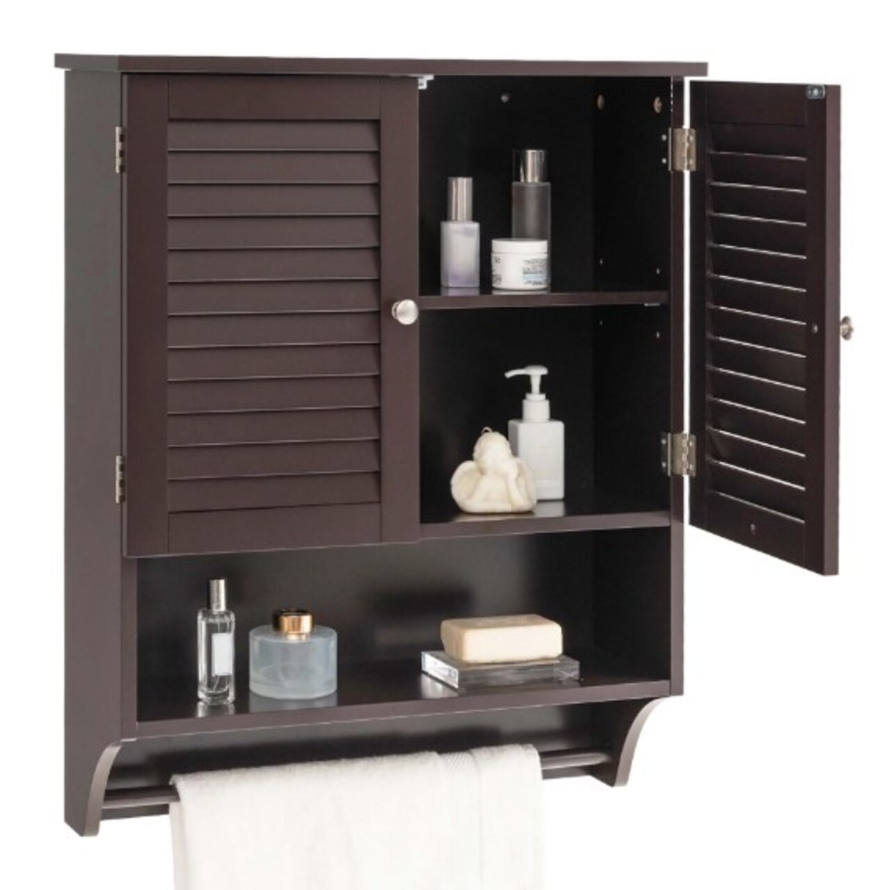 Espresso Bathroom Wall Mounted Medicine Cabinet with Louvered Doors and Towel Bar